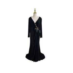Mac Duggal Black Dress Appliqué Long-Sleeve Gown Size 14 NWT $398